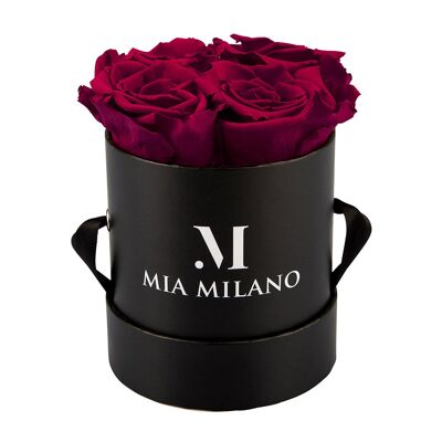 Boîte à roses noire avec quatre roses à l'infini - Bordeaux