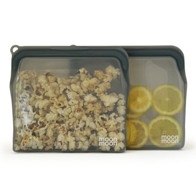 Silicone Food Bags - Large Grey Silicon Pouch Bags - Set of 2.