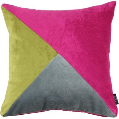 Diagonal Patchwork Velvet Pink, Green + Grey Cushion_43cm x 43cm