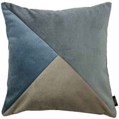 Diagonal Patchwork Velvet Blue, Gold + Grey Cushion_43cm x 43cm