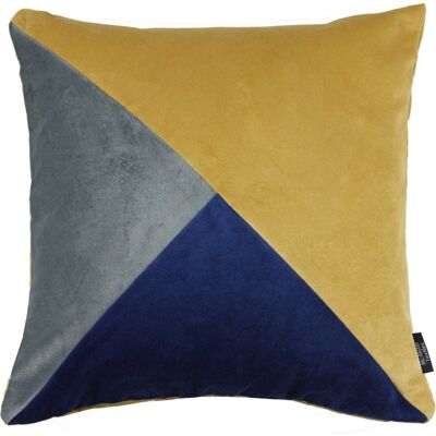 Diagonal Patchwork Velvet Navy, Yellow + Grey Cushion_43cm x 43cm