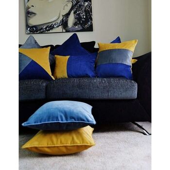 Velours Patchwork Diagonal Marine, Jaune + Coussin Gris_43cm x 43cm 5