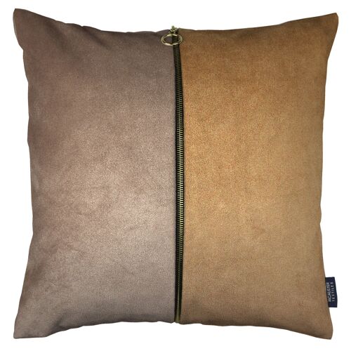 Decorative Zip Caramel + Brown Velvet Cushion_43cm x 43cm
