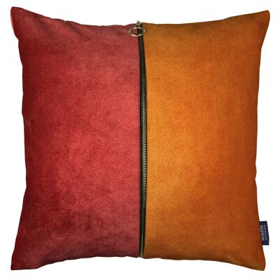 Decorative Zip Orange + Rust Red Velvet Cushion_43cm x 43cm