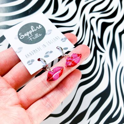 Pendientes Labio Pequeños Foil Rosa y Rojo - Aro Color Plata 1cm