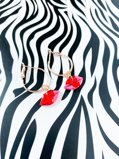 Small Pink and Red Foil Lip Earrings - 2cm Rose Gold Colour Hoop