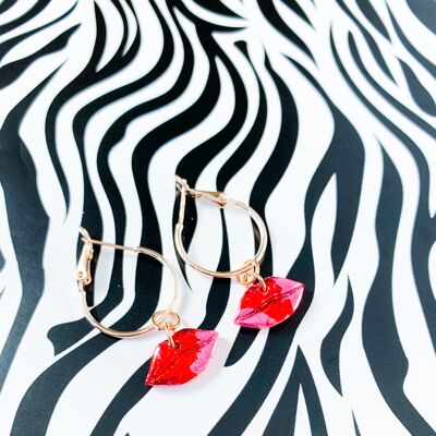 Small Pink and Red Foil Lip Earrings - 2cm Rose Gold Colour Hoop