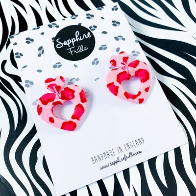 Candy Pink and Red Leopard Print Heart Dangle Earrings - Surgical Steel Stud