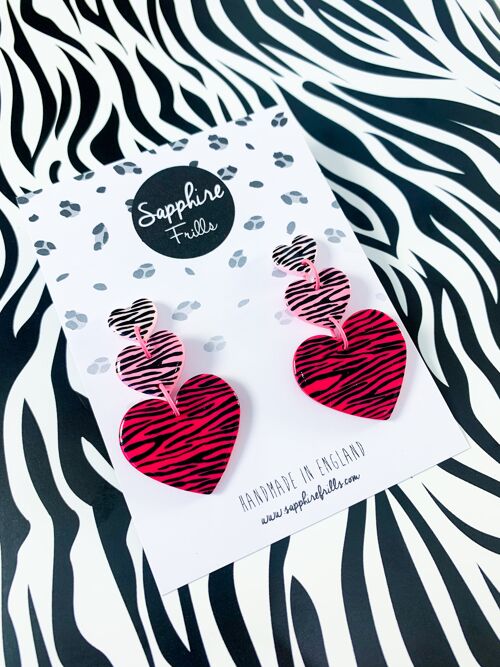 Pink Zebra Print Heart Trio Dangle Earrings - Surgical Steel Stud