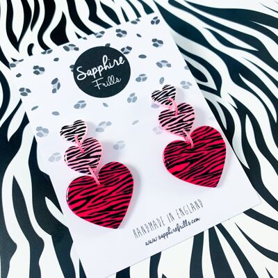 Pink Zebra Print Heart Trio Dangle Earrings - Surgical Steel Stud