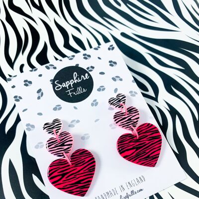 Pink Zebra Print Heart Trio Dangle Earrings - Surgical Steel Stud