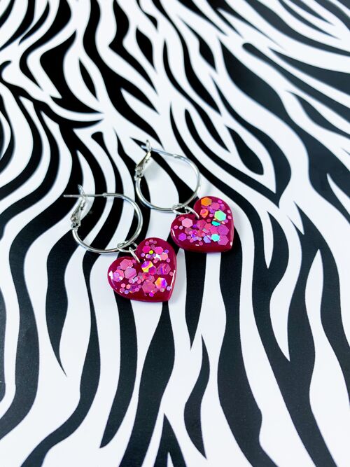 Medium Dark Pink with Pink Rainbow Hexagon Sequins Heart Earrings - 2cm Silver Colour Hoop