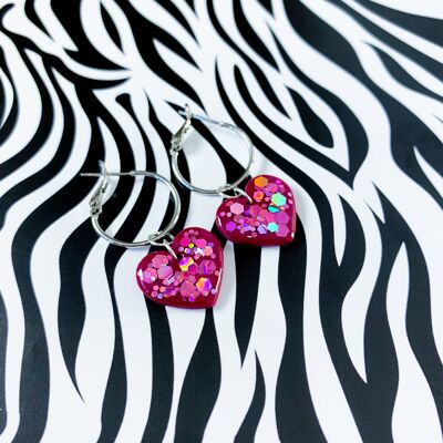 Medium Dark Pink with Pink Rainbow Hexagon Sequins Heart Earrings - 2cm Silver Colour Hoop