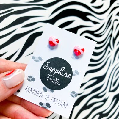 Mini orecchini a bottone a cuore con stampa leopardata rosa e rosso - Orecchini a bottone in acciaio chirurgico