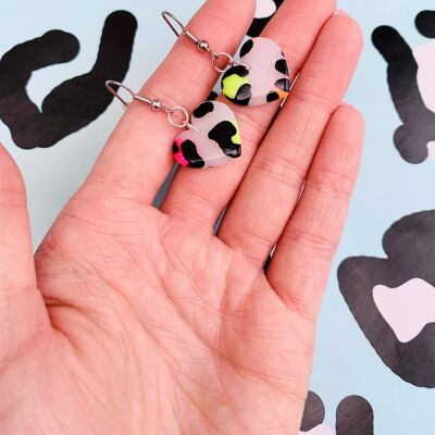 Medium Translucent Neon Leopard Print Heart Earrings - Surgical Steel Hook