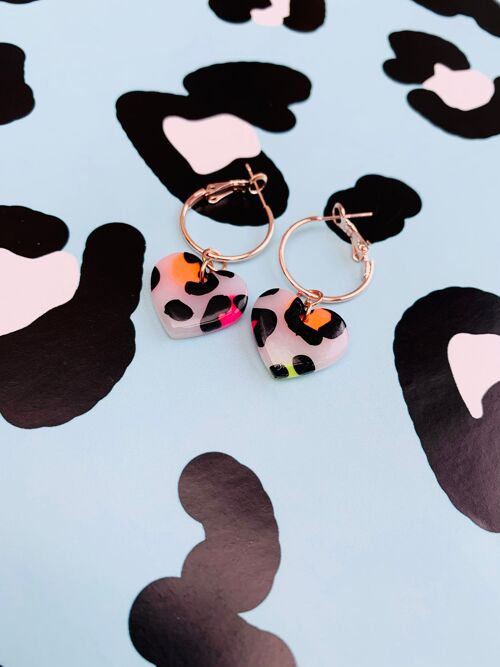 Medium Translucent Neon Leopard Print Heart Earrings - 2cm Rose Gold Colour Hoop