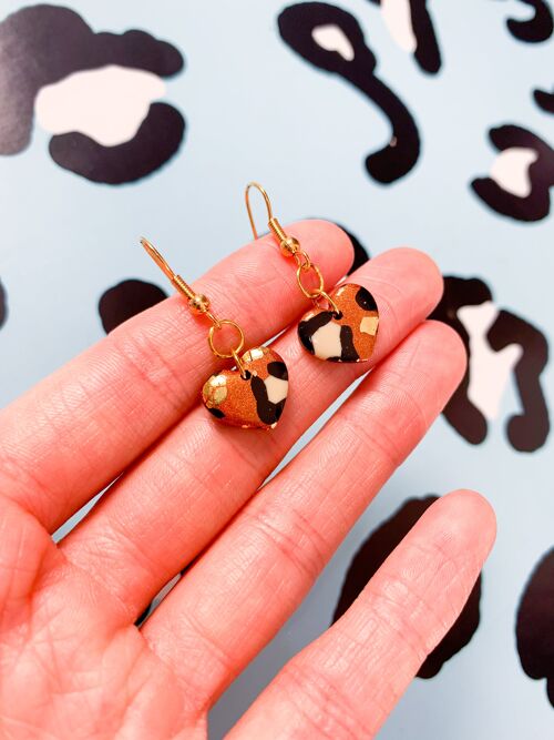 Small Bronze Leopard Print Heart Earrings - Gold Colour Hook
