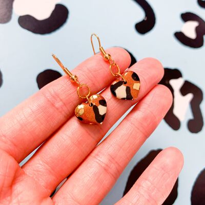 Small Bronze Leopard Print Heart Earrings - Gold Colour Hook