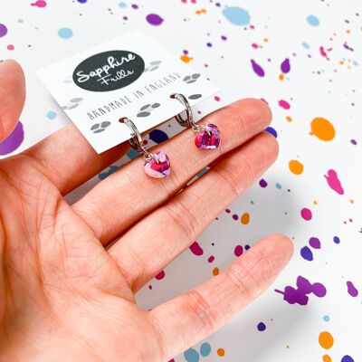 Mini Pink and Purple Glitter Marble Heart Earrings - 1cm Silver Colour Hoop