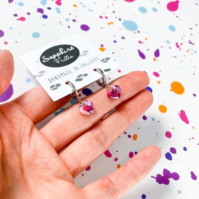 Mini Pink and Purple Glitter Marble Heart Earrings - 1cm Silver Colour Hoop