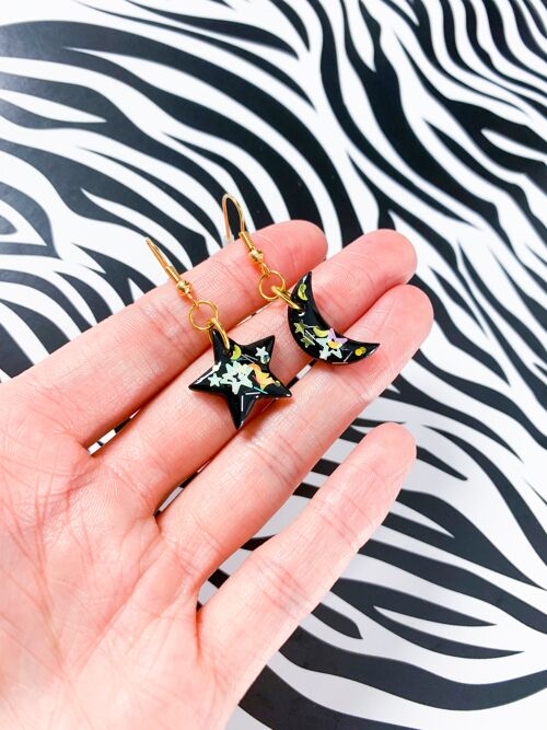 Medium Black with White Florescent Sequins Star and Moon Mismatch Earrings - Gold Colour Hook