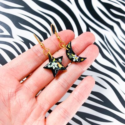 Medium Black with White Florescent Sequins Star and Moon Mismatch Earrings - Gold Colour Hook