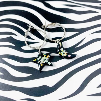 Medium Black with White Florescent Sequins Star and Moon Mismatch Earrings - 2cm Silver Colour Hoop