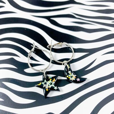 Medium Black with White Florescent Sequins Star and Moon Mismatch Earrings - 2cm Silver Colour Hoop