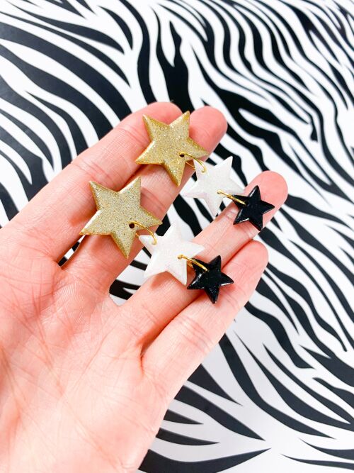 Gold, White and Black Glitter Trio Star Dangle Earrings - Surgical Steel Stud