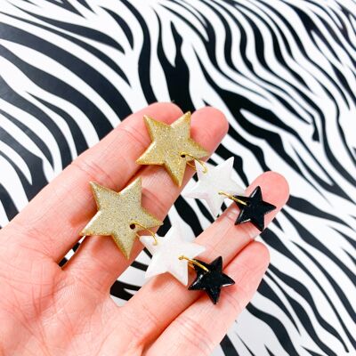 Gold, White and Black Glitter Trio Star Dangle Earrings - Surgical Steel Stud