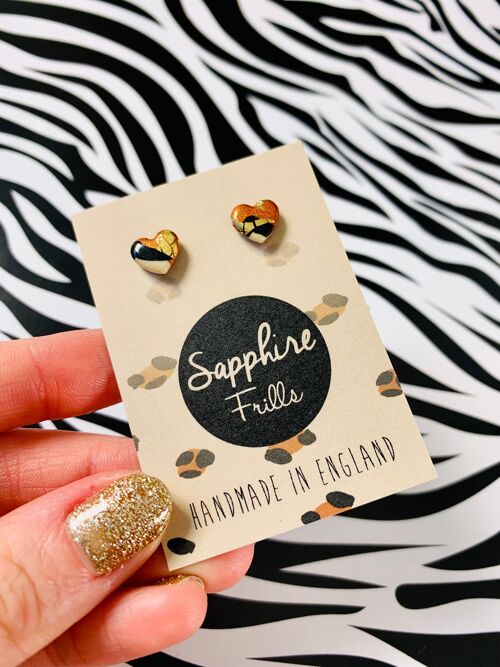 Mini Bronze Leopard Print Heart Stud Earrings - Surgical Steel Stud