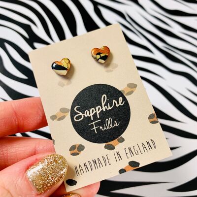 Mini Bronze Leopard Print Heart Stud Earrings - Surgical Steel Stud
