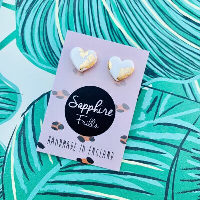 Small White and Gold Heart Stud Earrings - Surgical Steel Stud