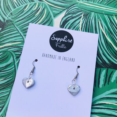 Small Translucent Silver Marble Heart Earrings - Surgical Steel Hook
