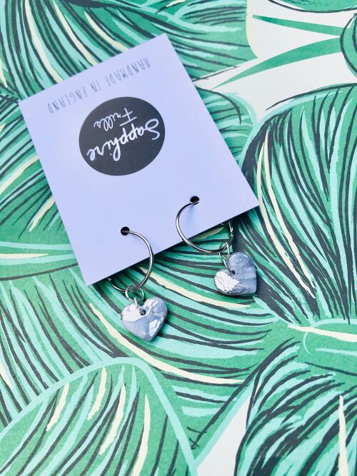 Small Translucent Silver Marble Heart Earrings - 2cm Silver Colour Hoop
