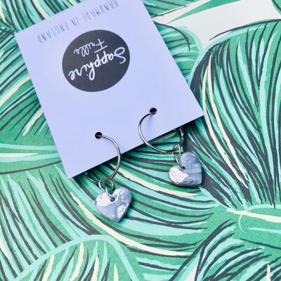 Small Translucent Silver Marble Heart Earrings - 2cm Silver Colour Hoop