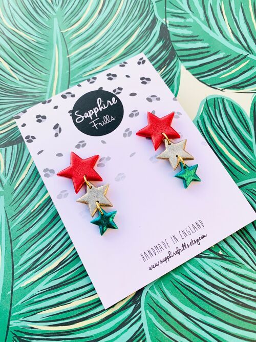 Red, Gold and Green Glitter Trio Star Dangle Earrings