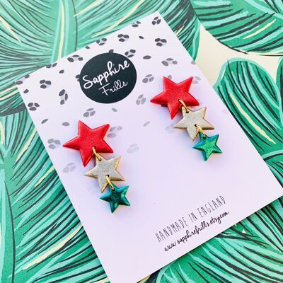 Red, Gold and Green Glitter Trio Star Dangle Earrings