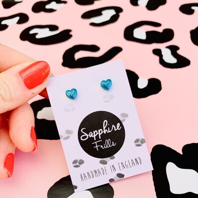 Orecchini a bottone a forma di cuore con micro glitter blu turchese