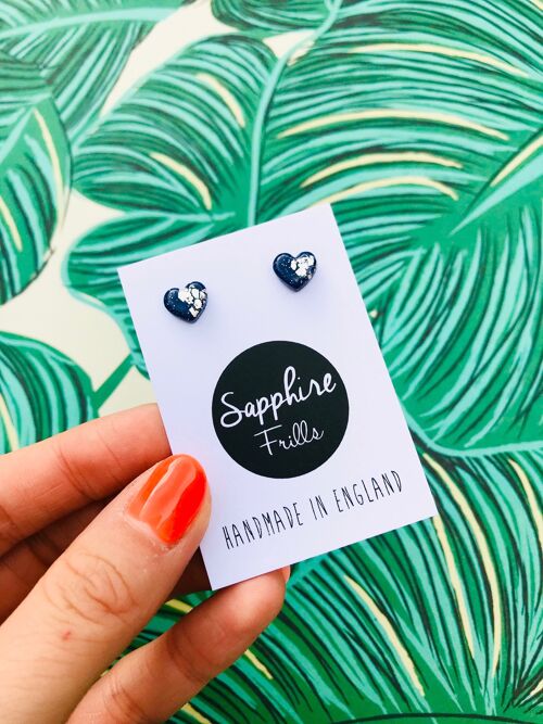 Mini Navy and Silver Heart Stud Earrings - Surgical Steel Stud