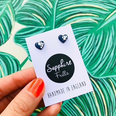 Mini Navy and Silver Heart Stud Earrings - Surgical Steel Stud