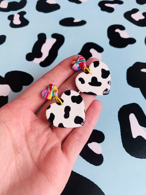 Rainbow Marble Black and White Cow Print Heart Dangle Earrings - Surgical Steel Stud