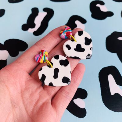 Rainbow Marble Black and White Cow Print Heart Dangle Earrings - Surgical Steel Stud