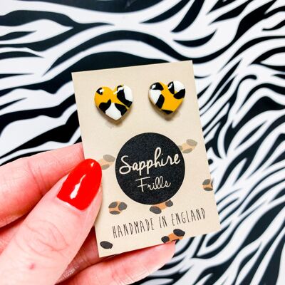 Small Mustard Leopard Print Heart Stud Earrings - Surgical Steel Stud