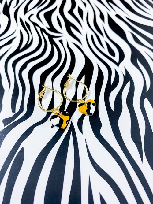 Small Mustard Leopard Print Heart Earrings - 2cm Gold Colour Hoop