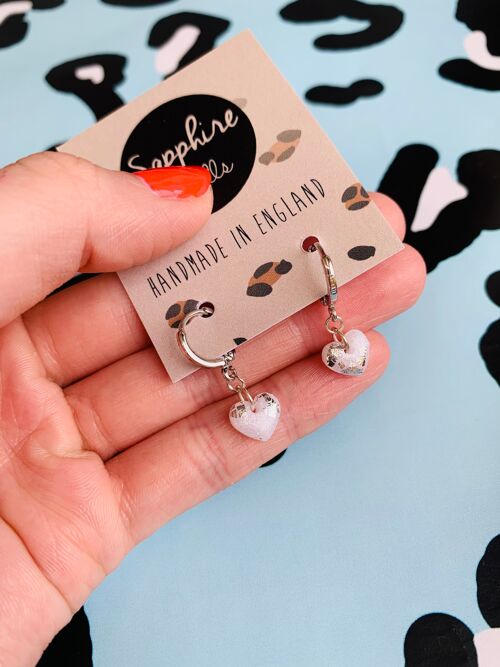 Mini Translucent White Glitter Heart Earrings - 1cm Silver Colour Hoop