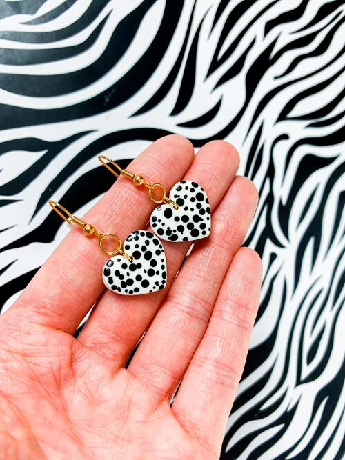 Medium Dalmatian Spot Print Heart Earrings - Gold Colour Hook