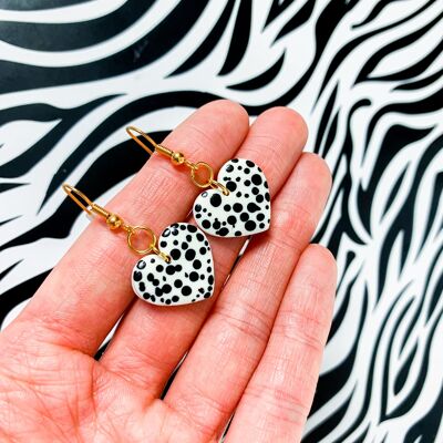 Boucles d'Oreilles Cœur Moyen Dalmatien Imprimé Pois - Crochet Doré