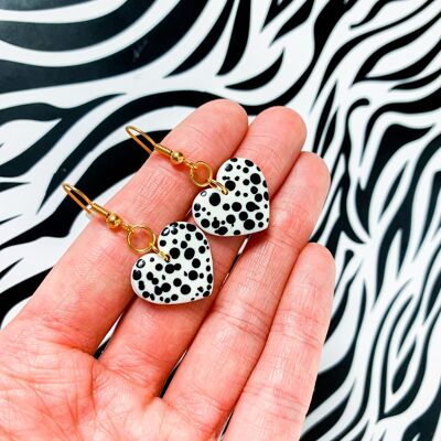 Medium Dalmatian Spot Print Heart Earrings - Gold Colour Hook