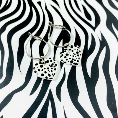Medium Dalmatian Spot Print Heart Earrings - 2cm Silver Colour Hoop